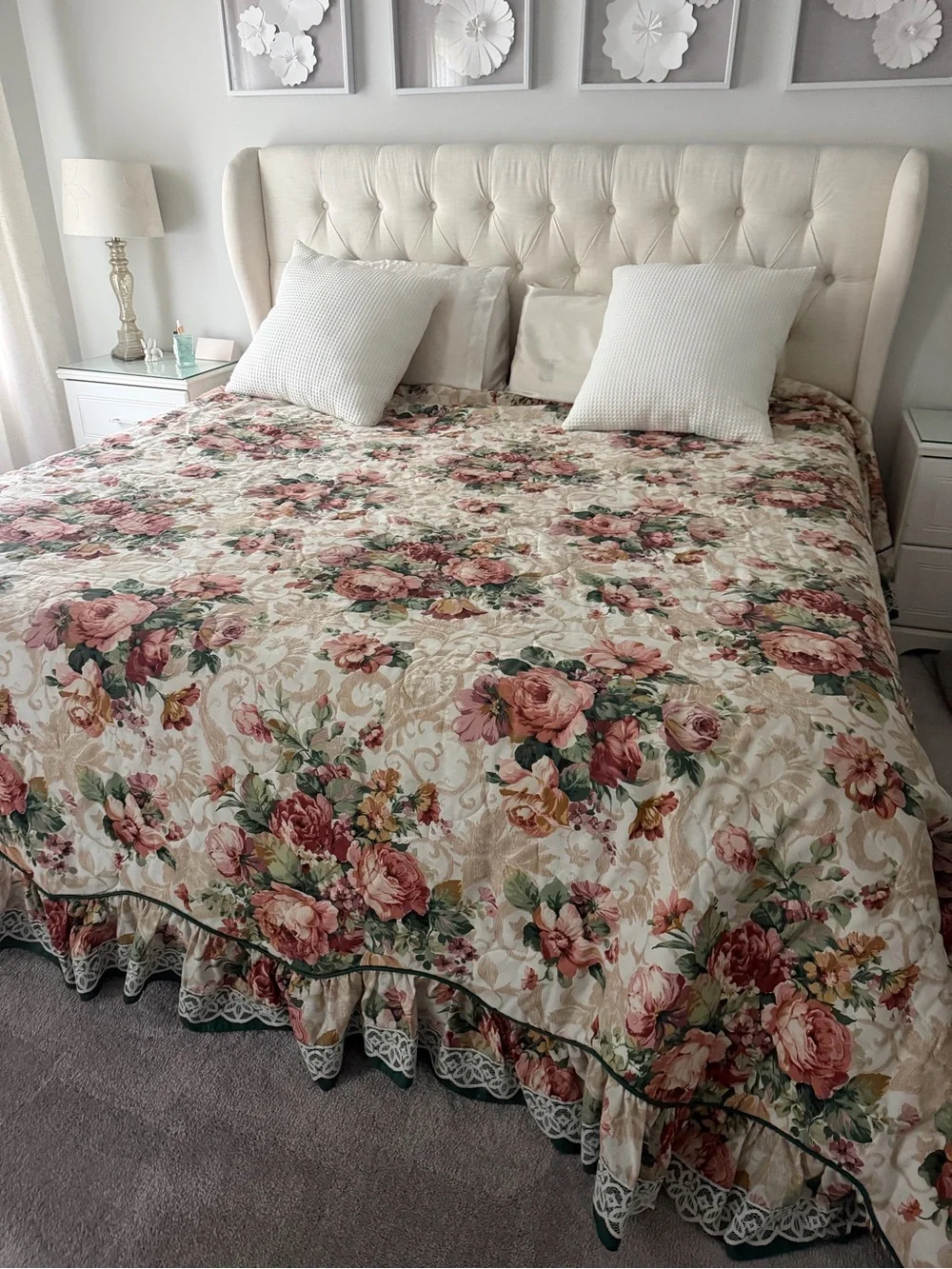 Floral Quilted Bedspread Garden Pink Red Cream Cal King Country Farmhouse